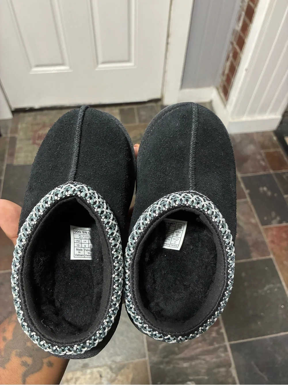 UGG Kids Black Suede Slip-On Slipper with Patterned Collar